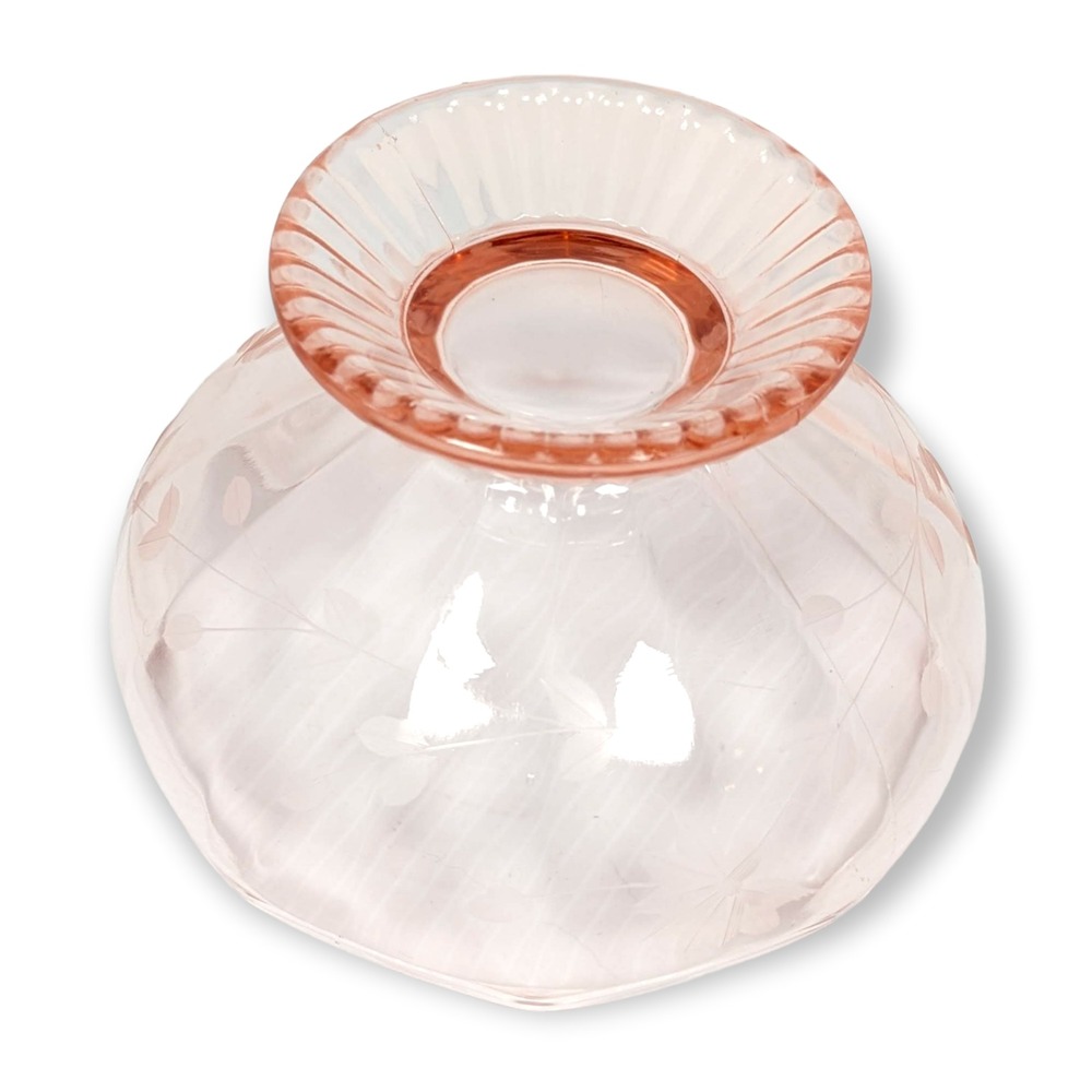 Pink Depression Glass Bowl Scalloped Top Compote Floral Etched Pedestal - Picture 6 of 8